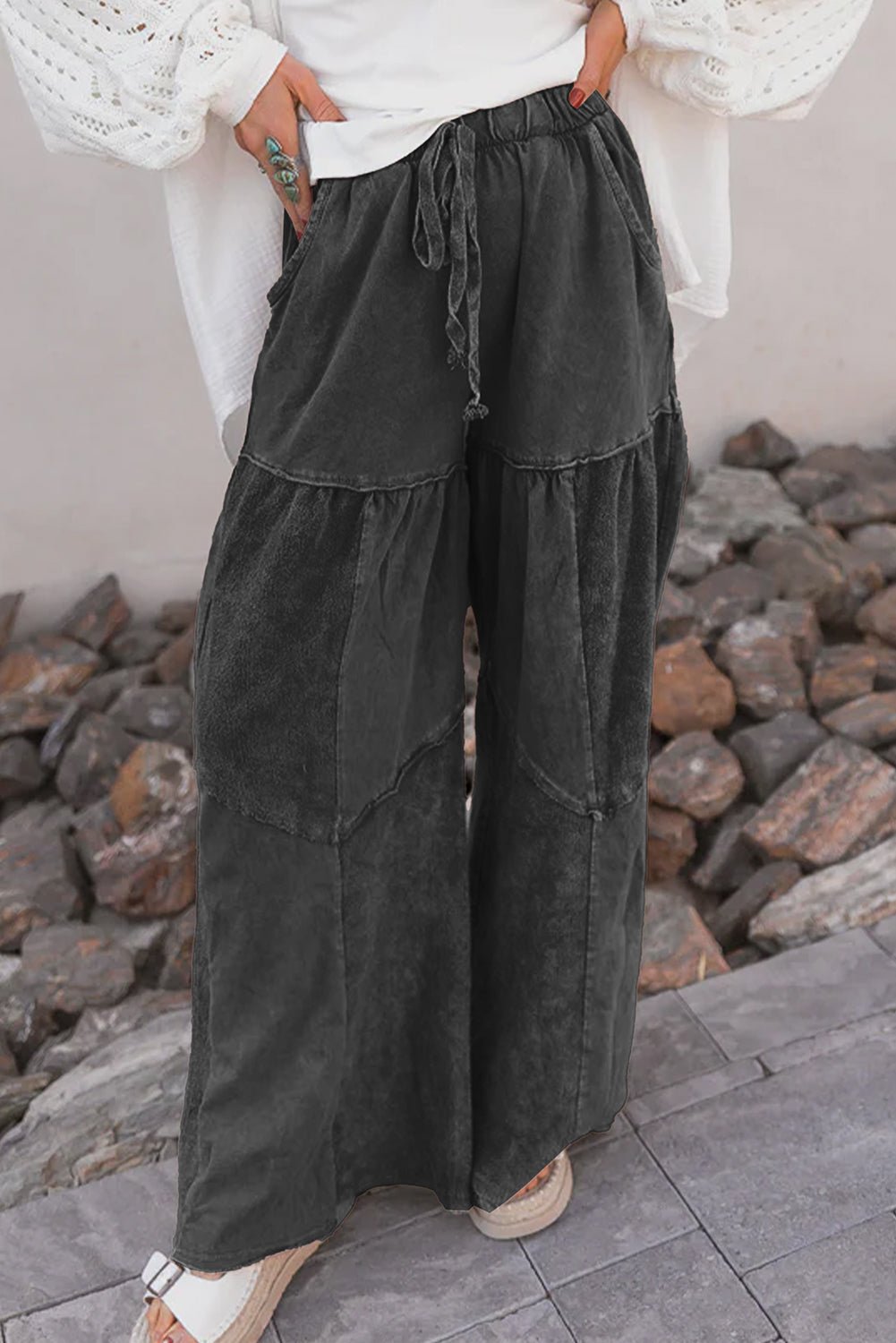 Black Mineral Wash Tiered Wide Leg Patchwork Drawstring Pants - MAD RUFFI