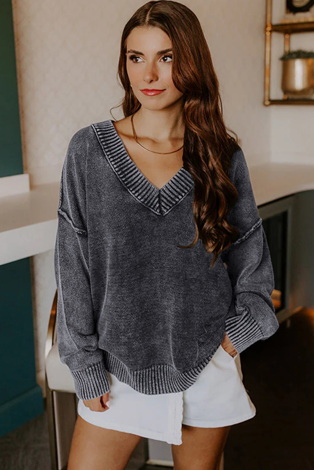 Black Mineral Wash V Neck Knit Exposed Seam Drop Shoulder Loose Sweater - MAD RUFFI