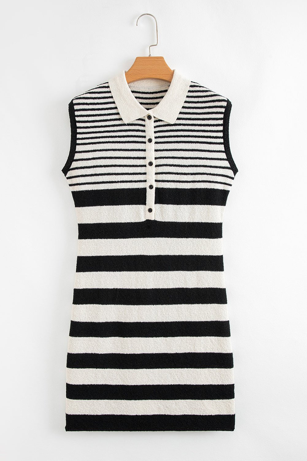 Black Mixed Striped Print Half Placket Collared Cap Sleeve Bodycon Sweater Dress - MAD RUFFI