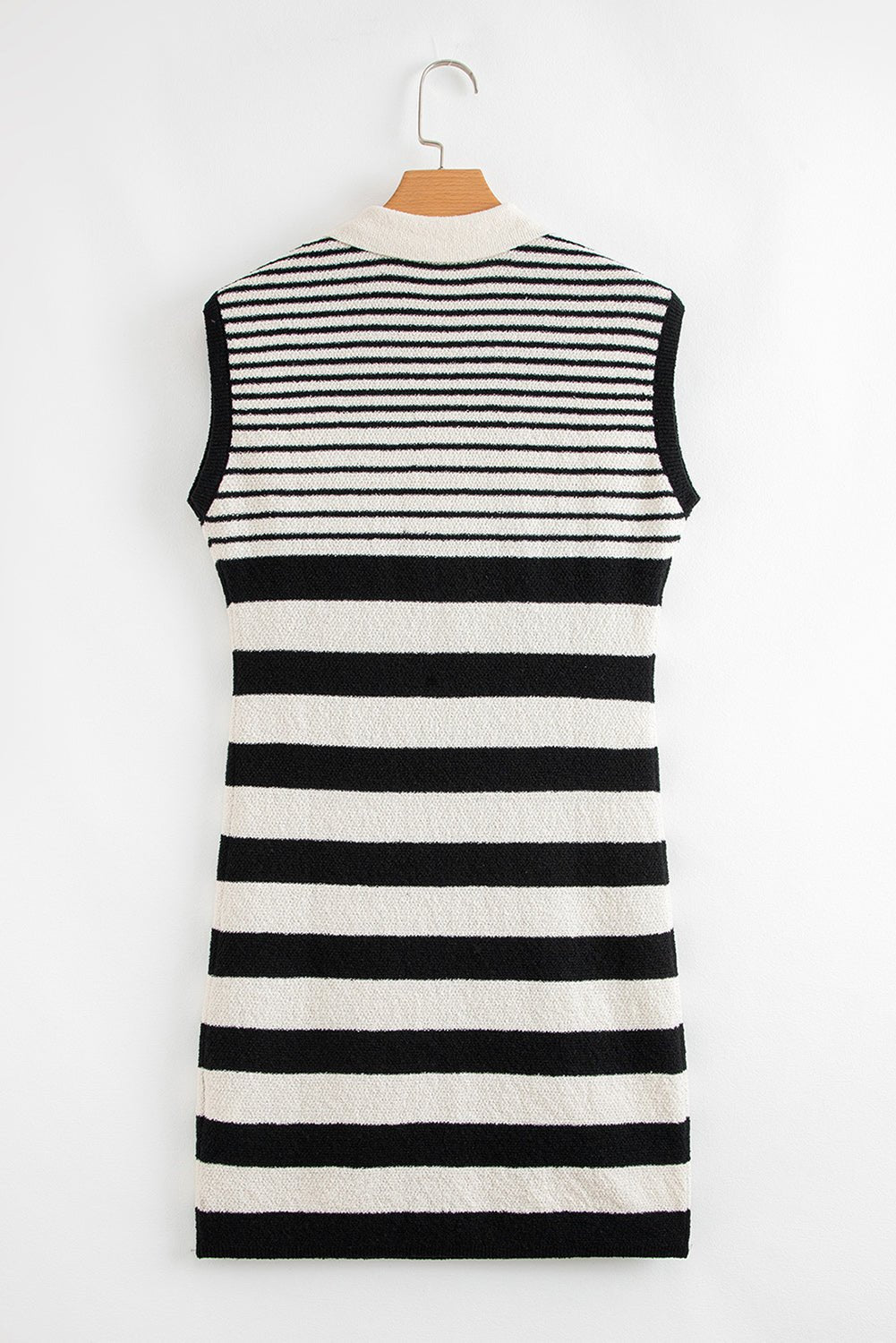Black Mixed Striped Print Half Placket Collared Cap Sleeve Bodycon Sweater Dress - MAD RUFFI