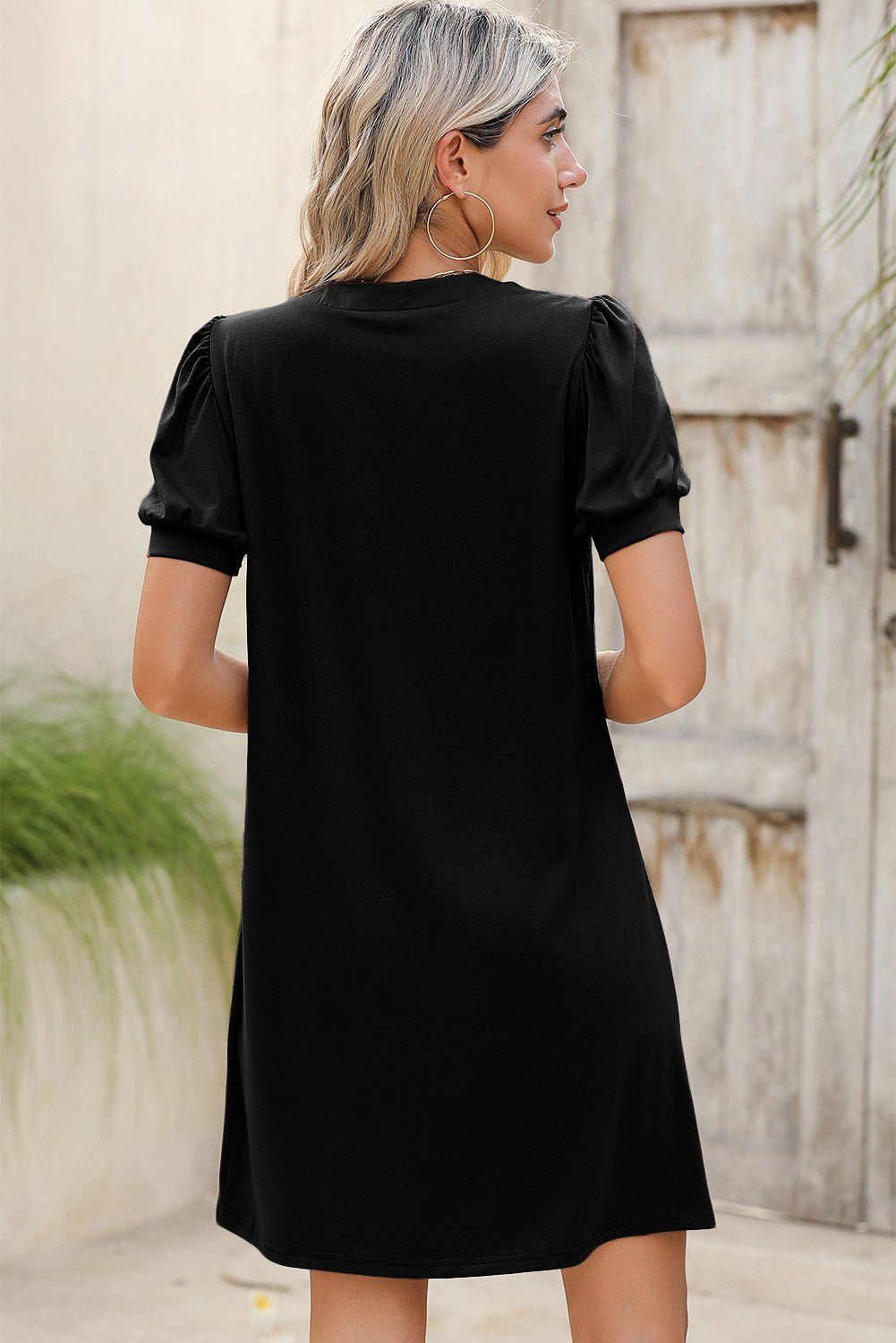 Black Notched Neck Puff Sleeve Pleated T Shirt Dress - MAD RUFFI