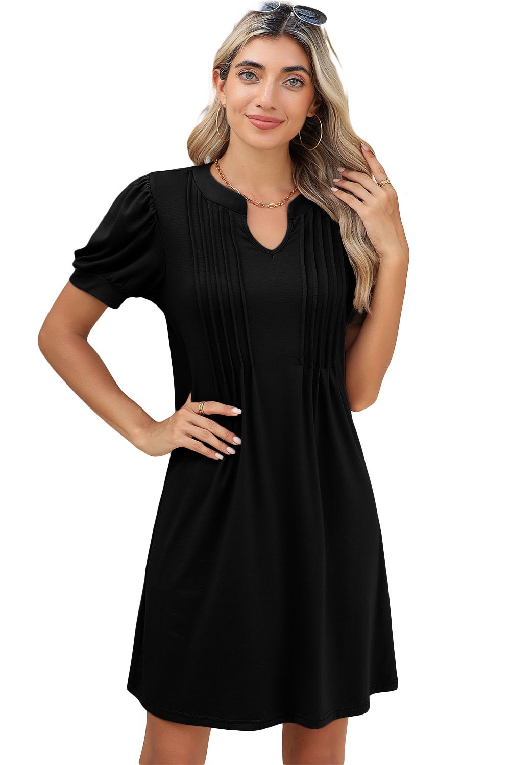 Black Notched Neck Puff Sleeve Pleated T Shirt Dress - MAD RUFFI