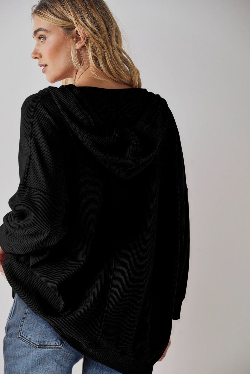Black Oversize Waffle Drop Shoulder Exposed Seam V Neck Hoodie - MAD RUFFI
