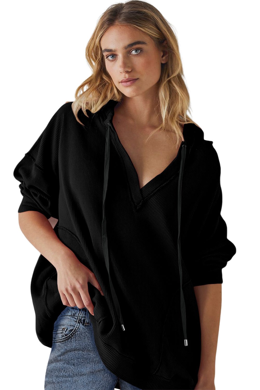 Black Oversize Waffle Drop Shoulder Exposed Seam V Neck Hoodie - MAD RUFFI