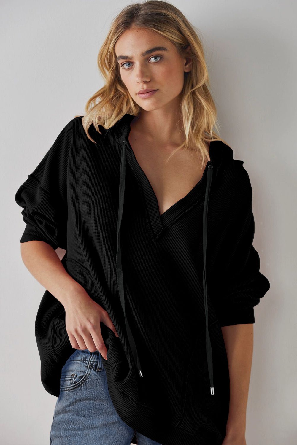 Black Oversize Waffle Drop Shoulder Exposed Seam V Neck Hoodie - MAD RUFFI