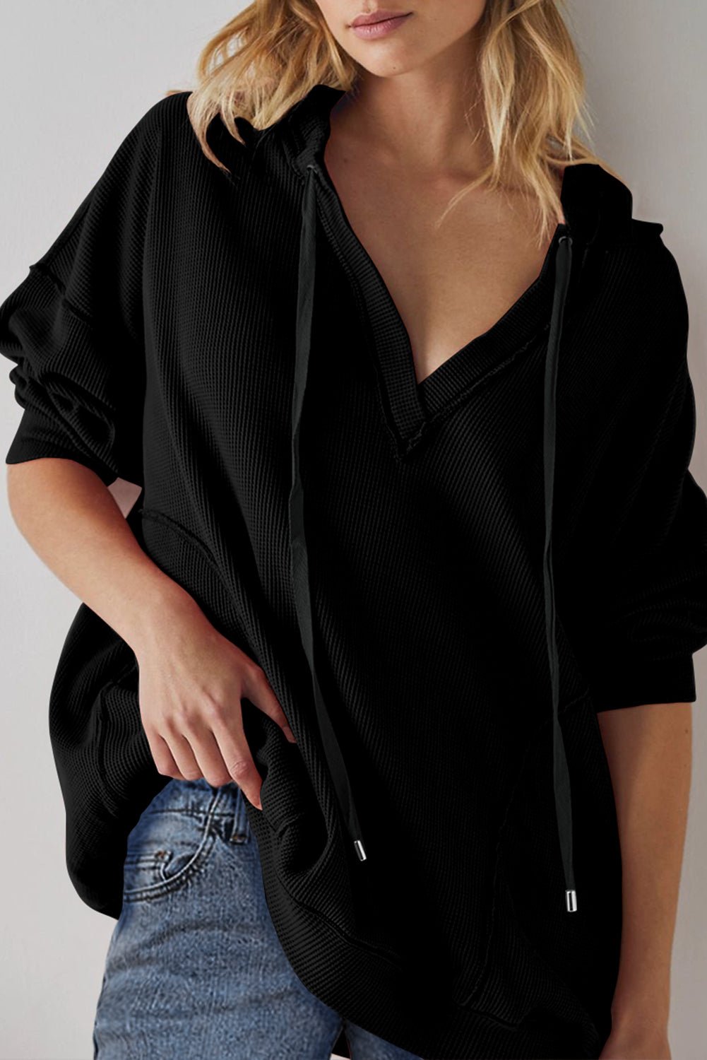 Black Oversize Waffle Drop Shoulder Exposed Seam V Neck Hoodie - MAD RUFFI