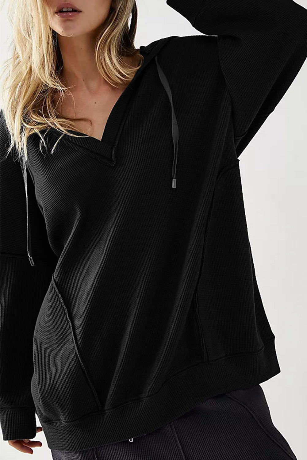 Black Oversize Waffle Drop Shoulder Exposed Seam V Neck Hoodie - MAD RUFFI