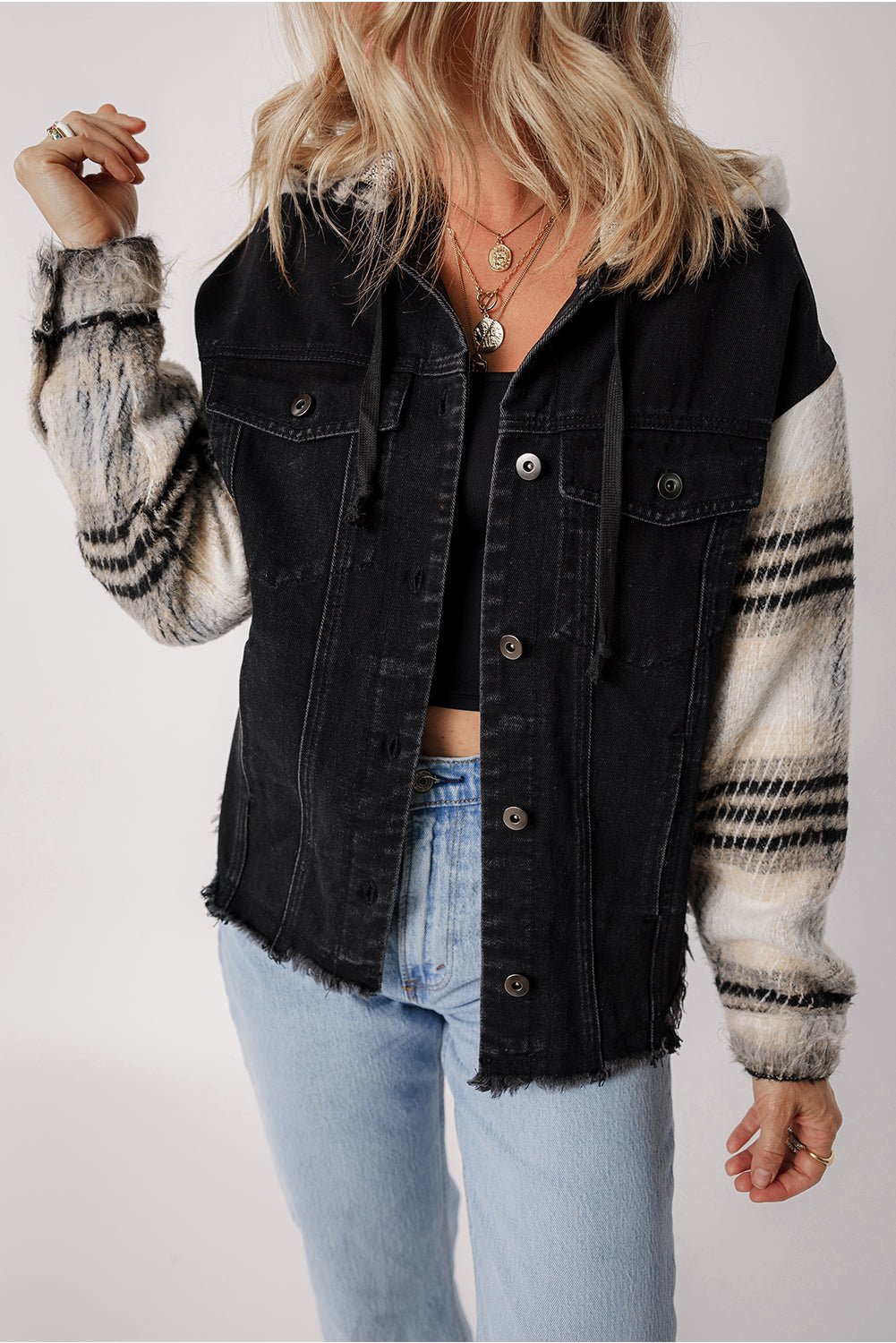 Black Patchwork Plaid Sleeve Frayed Hem Hooded Denim Jacket - MAD RUFFI