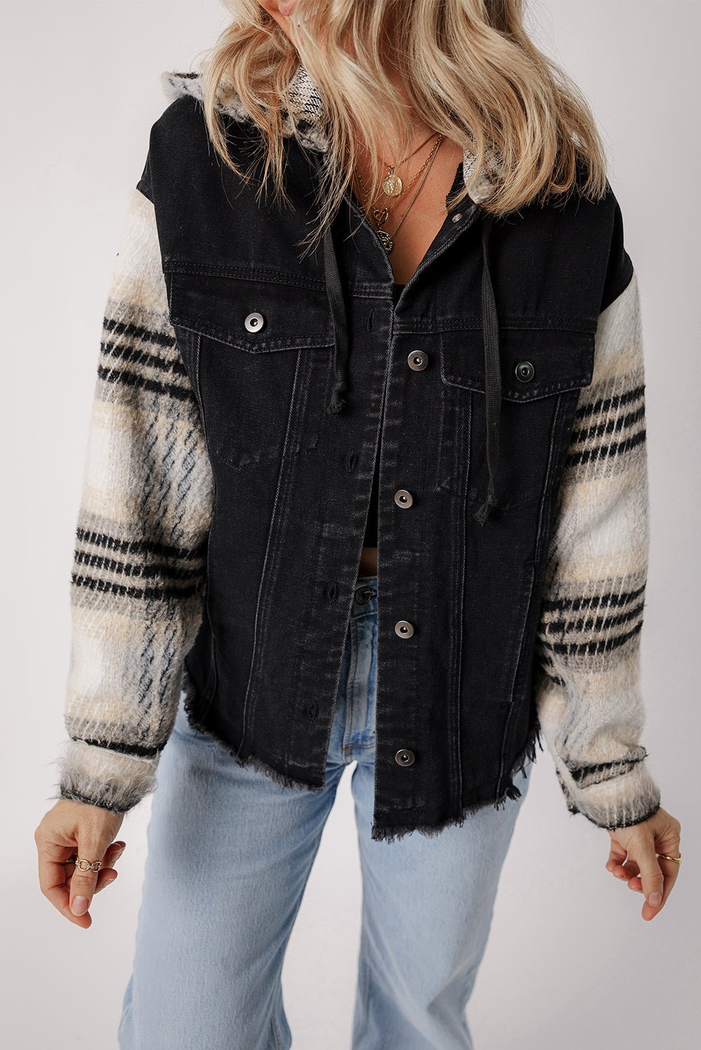 Black Patchwork Plaid Sleeve Frayed Hem Hooded Denim Jacket - MAD RUFFI