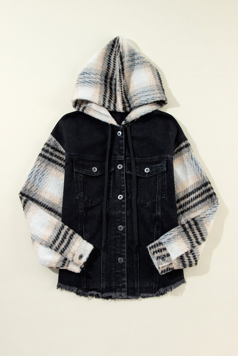 Black Patchwork Plaid Sleeve Frayed Hem Hooded Denim Jacket - MAD RUFFI