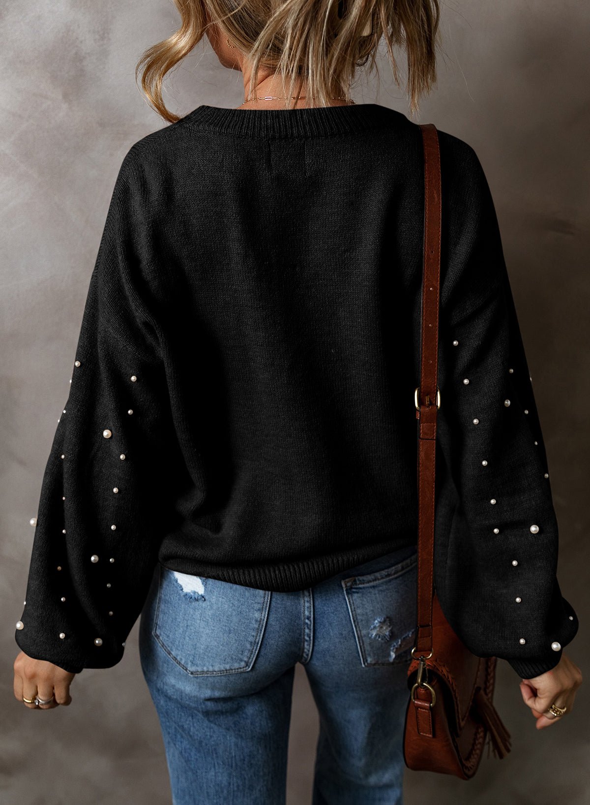 Black Pearl Drop Shoulder Round Neck Sweater - MAD RUFFI
