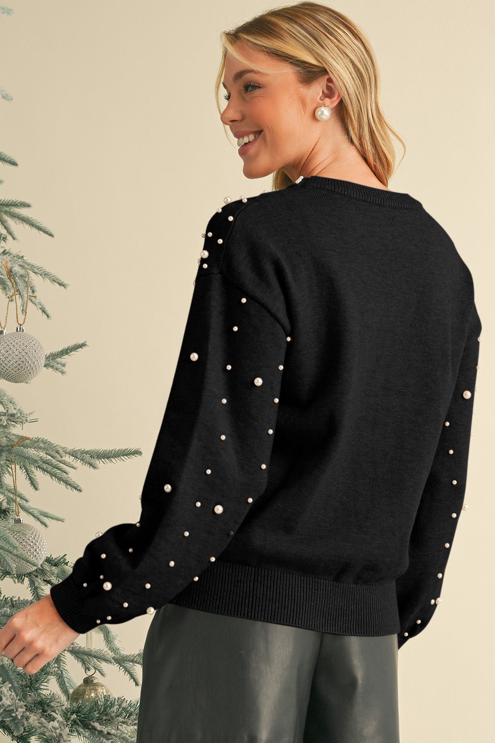 Black Pearl Drop Shoulder Round Neck Sweater - MAD RUFFI