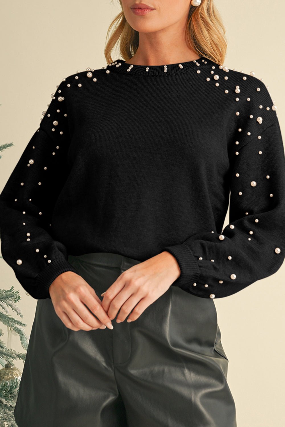 Black Pearl Drop Shoulder Round Neck Sweater - MAD RUFFI