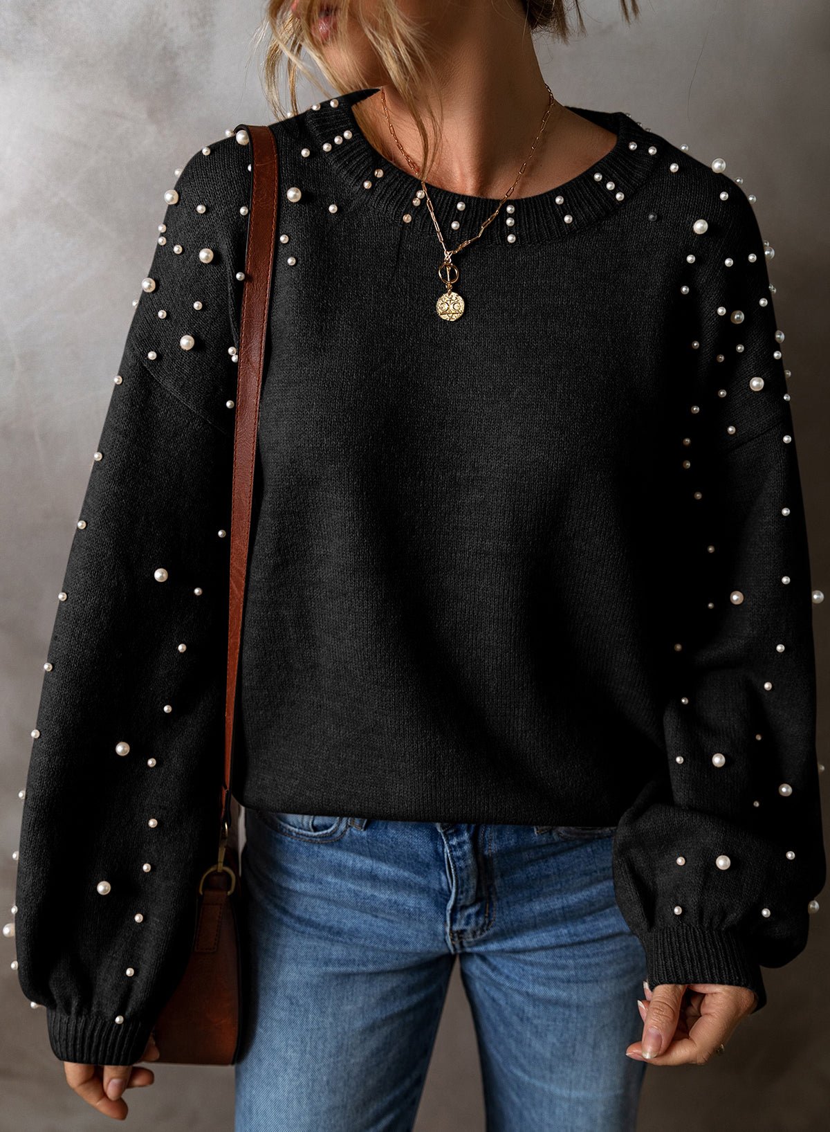 Black Pearl Drop Shoulder Round Neck Sweater - MAD RUFFI