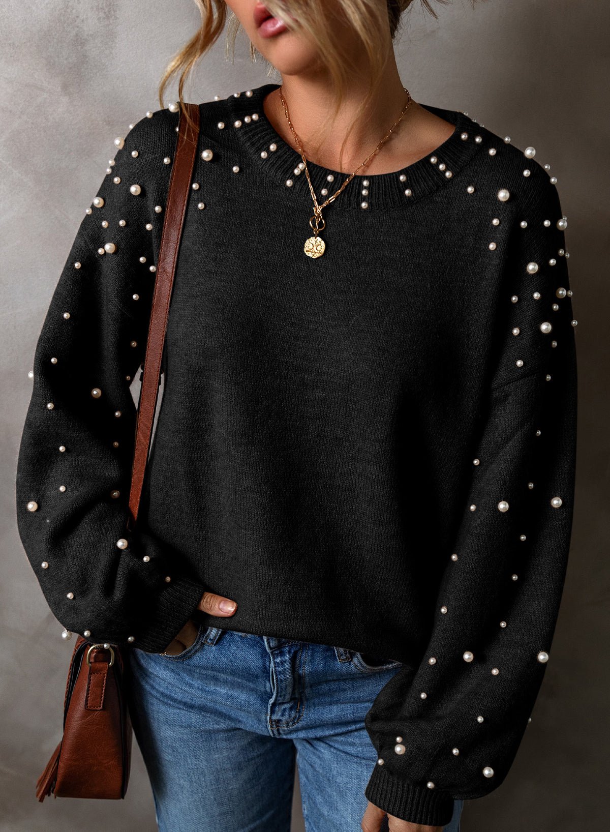 Black Pearl Drop Shoulder Round Neck Sweater - MAD RUFFI