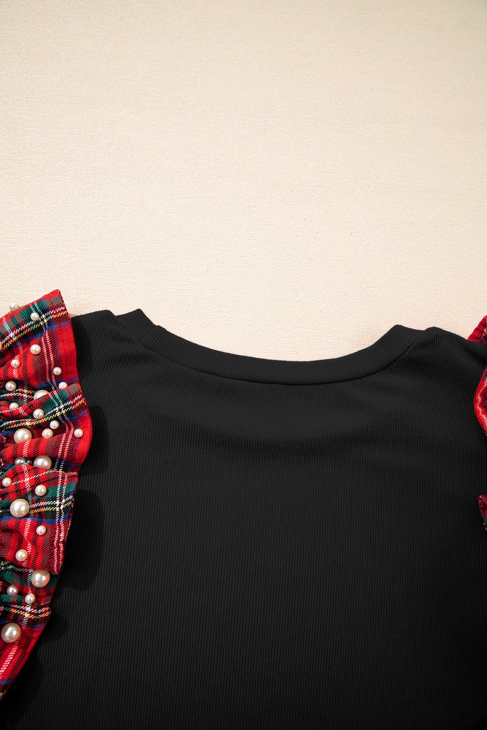 Black Pearl Plaid Ruffle Sleeve Loose T Shirt - MAD RUFFI