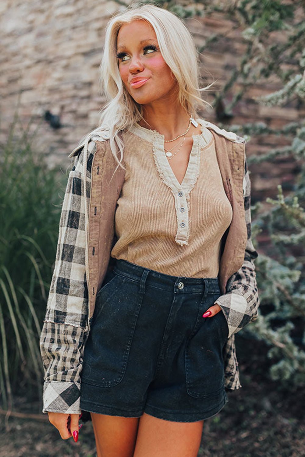 Black Plaid Patchwork Drawstring Hooded Raw Hem Shacket - MAD RUFFI