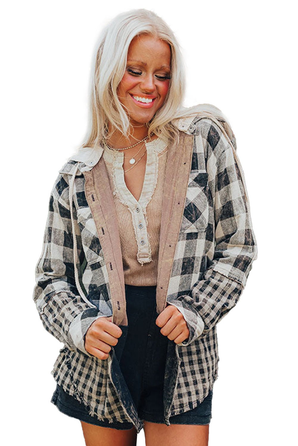 Black Plaid Patchwork Drawstring Hooded Raw Hem Shacket - MAD RUFFI