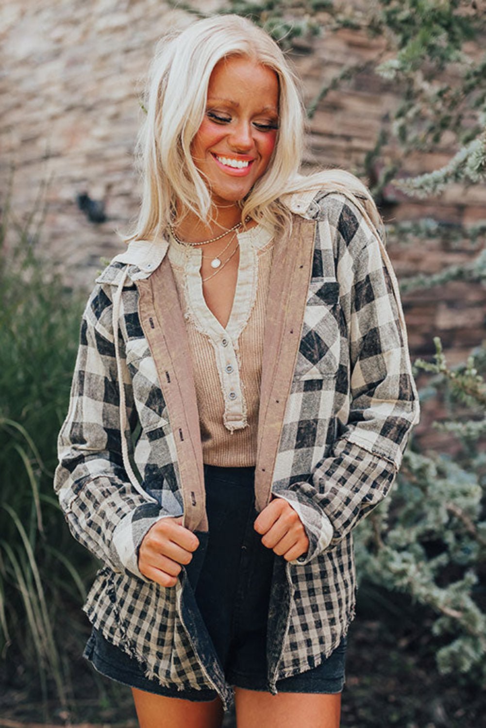 Black Plaid Patchwork Drawstring Hooded Raw Hem Shacket - MAD RUFFI