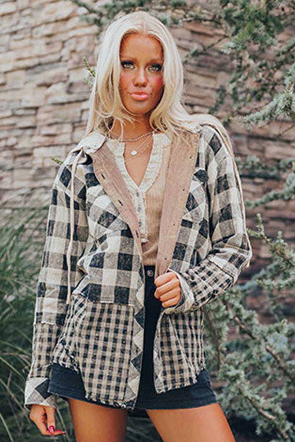 Black Plaid Patchwork Drawstring Hooded Raw Hem Shacket - MAD RUFFI