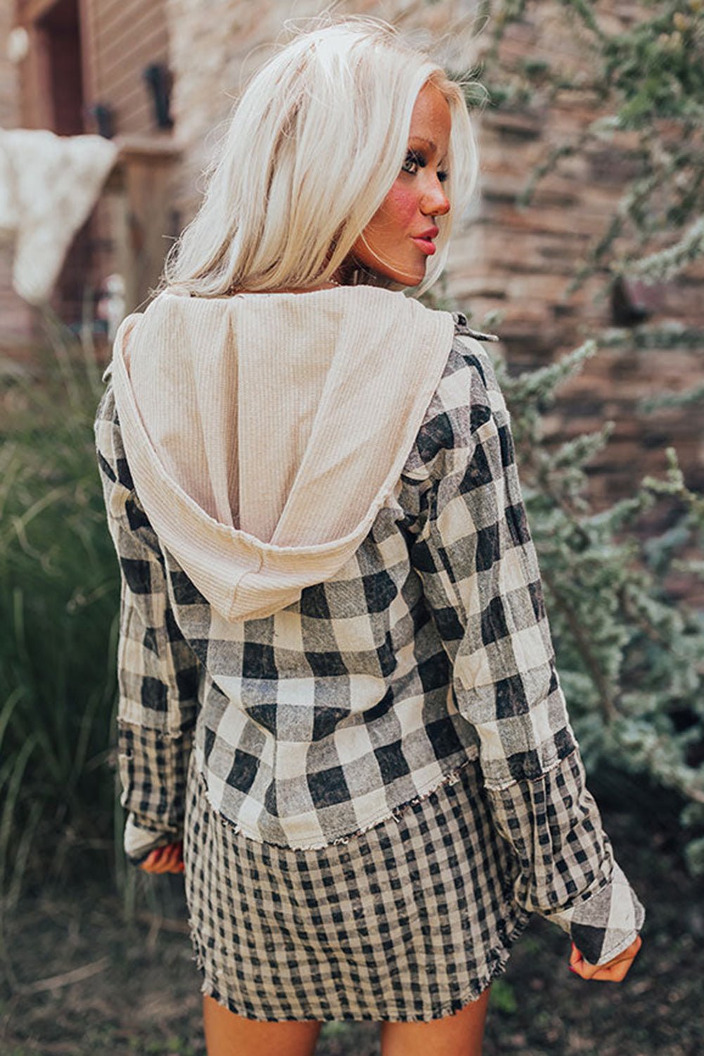 Black Plaid Patchwork Drawstring Hooded Raw Hem Shacket - MAD RUFFI