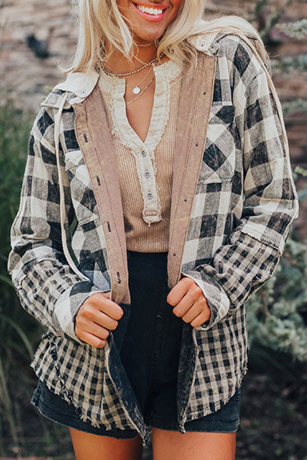 Black Plaid Patchwork Drawstring Hooded Raw Hem Shacket - MAD RUFFI