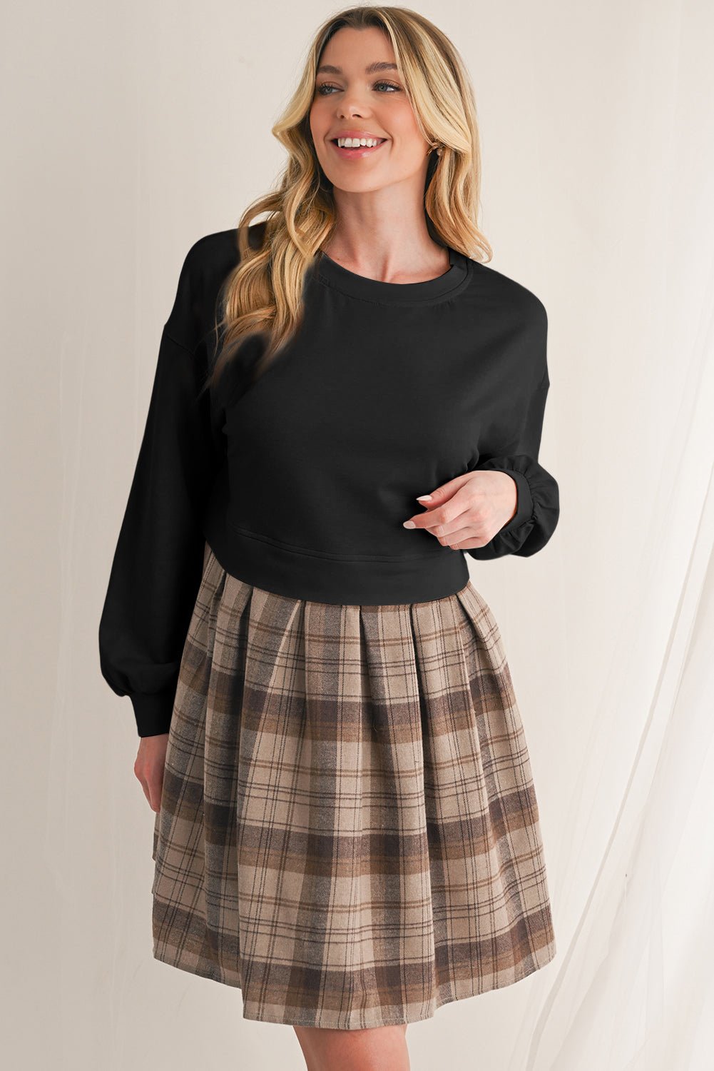 Black Plaid Patchwork High Waist Sweatshirt Mini Dress - MAD RUFFI