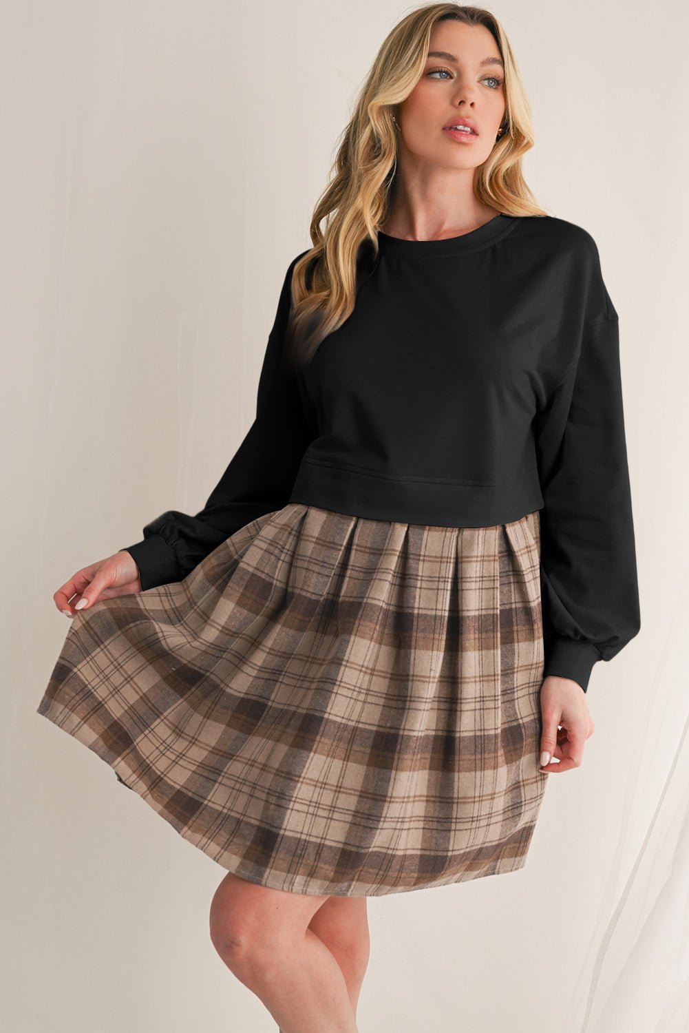 Black Plaid Patchwork High Waist Sweatshirt Mini Dress - MAD RUFFI