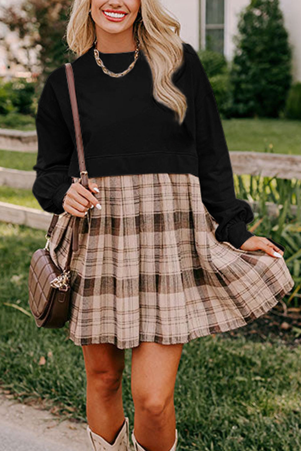 Black Plaid Patchwork High Waist Sweatshirt Mini Dress - MAD RUFFI