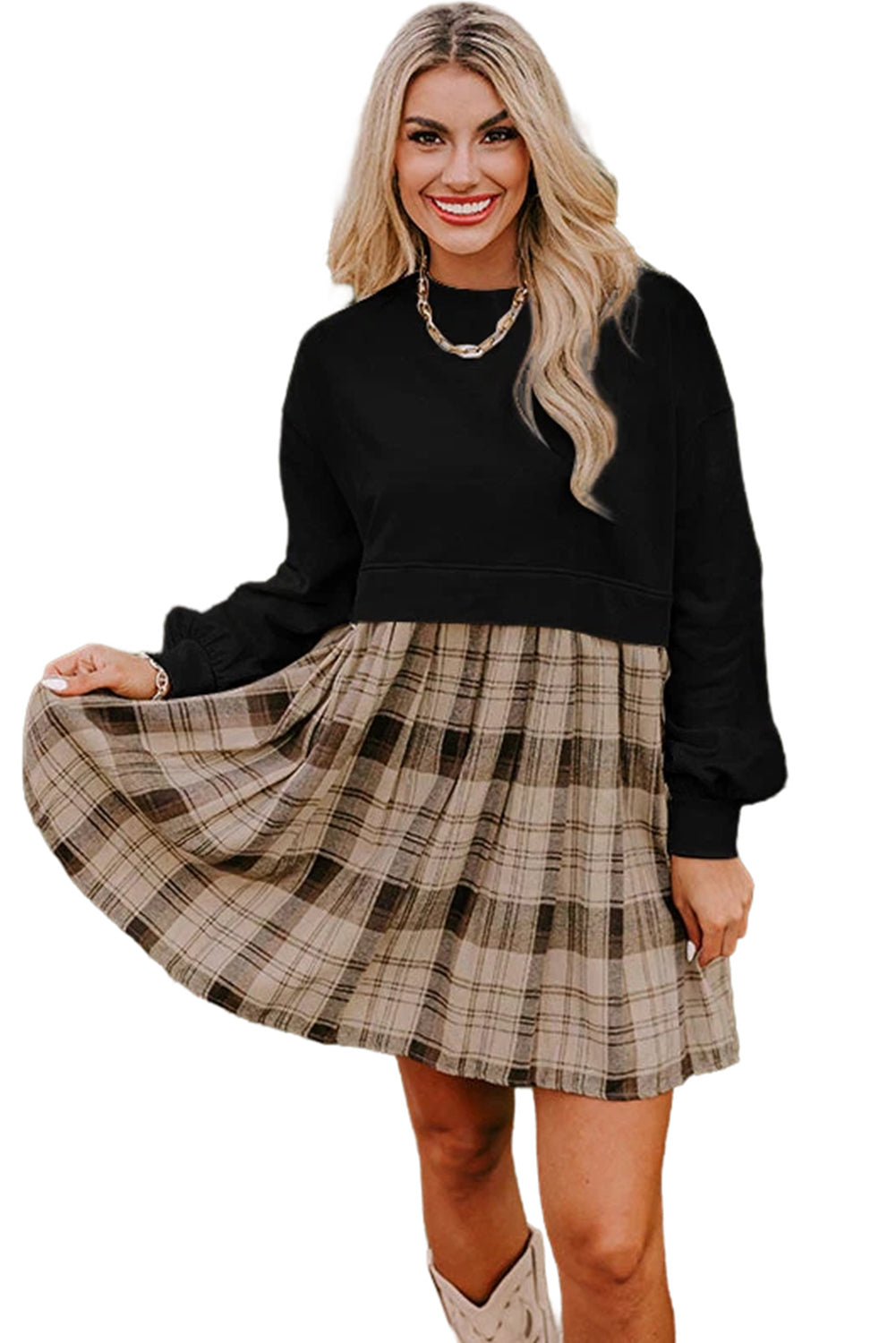 Black Plaid Patchwork High Waist Sweatshirt Mini Dress - MAD RUFFI