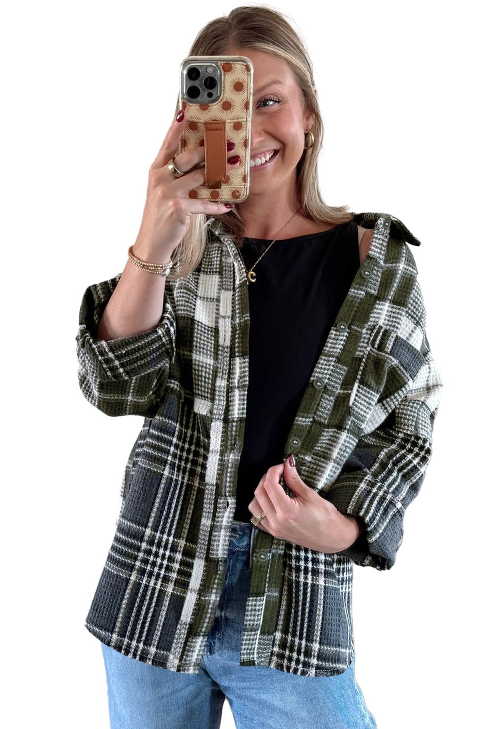 Black Plaid Print Textured Knit Buttoned Shacket - MAD RUFFI