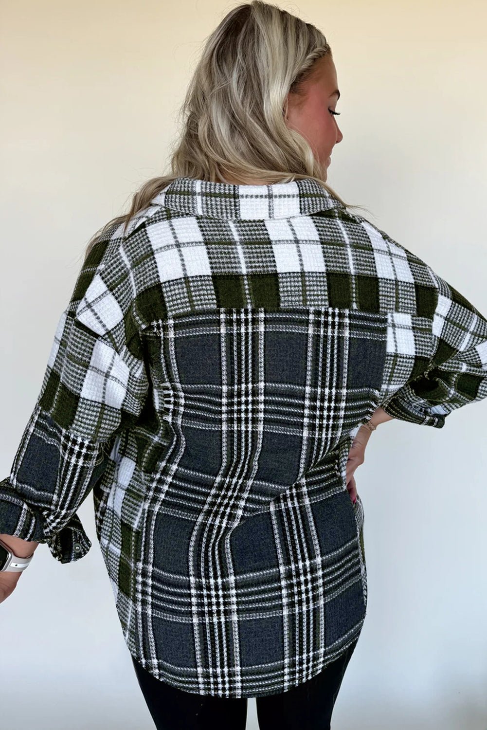 Black Plaid Print Textured Knit Buttoned Shacket - MAD RUFFI