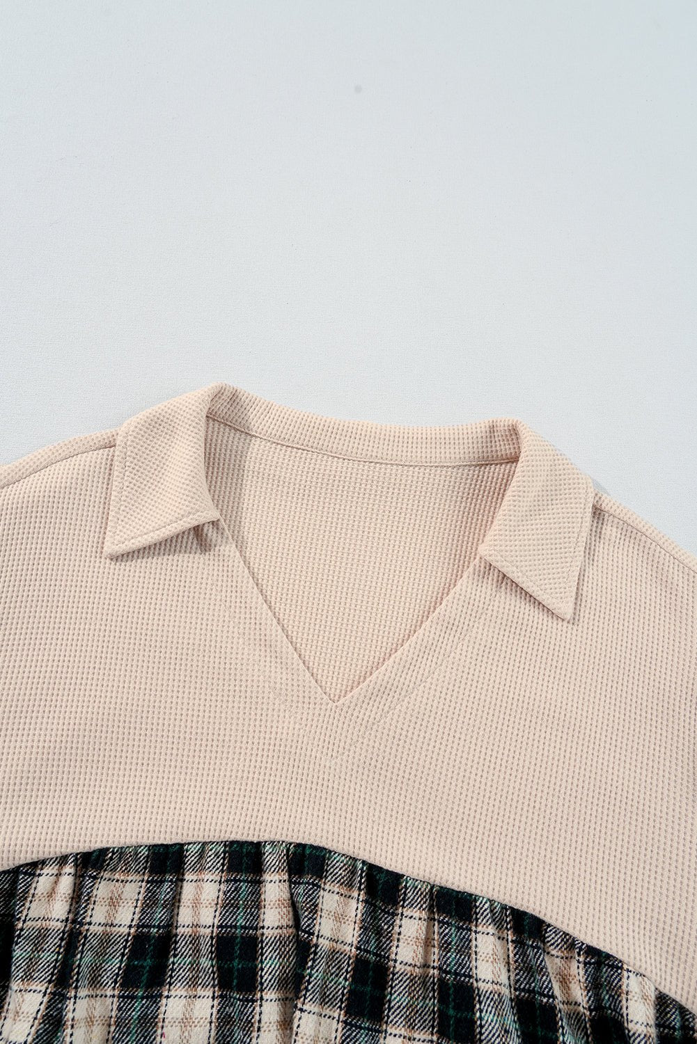 Black Plaid Waffle Patchwork Collared V Neck Plus Size Dress - MAD RUFFI