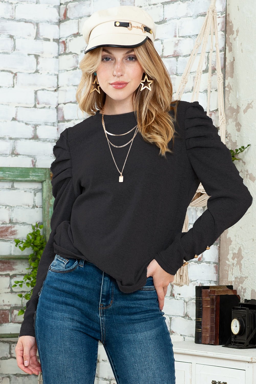 Black Plain Buttoned Puff Long Sleeve Sheath Top - MAD RUFFI