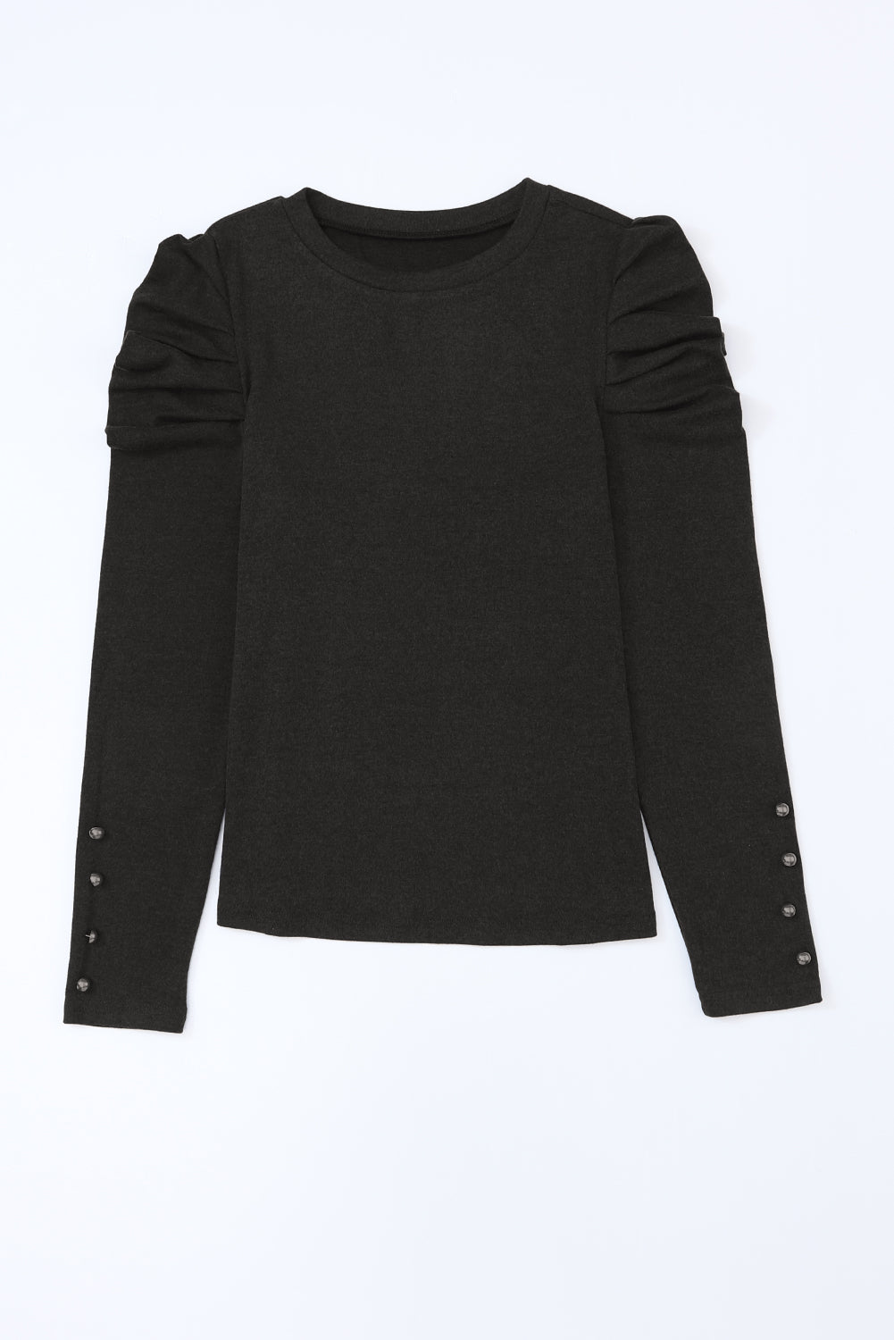 Black Plain Buttoned Puff Long Sleeve Sheath Top - MAD RUFFI