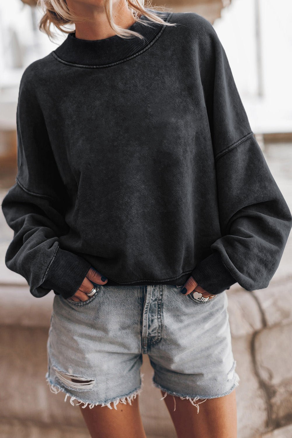 Black Plain Drop Shoulder Crew Neck Pullover Sweatshirt - MAD RUFFI