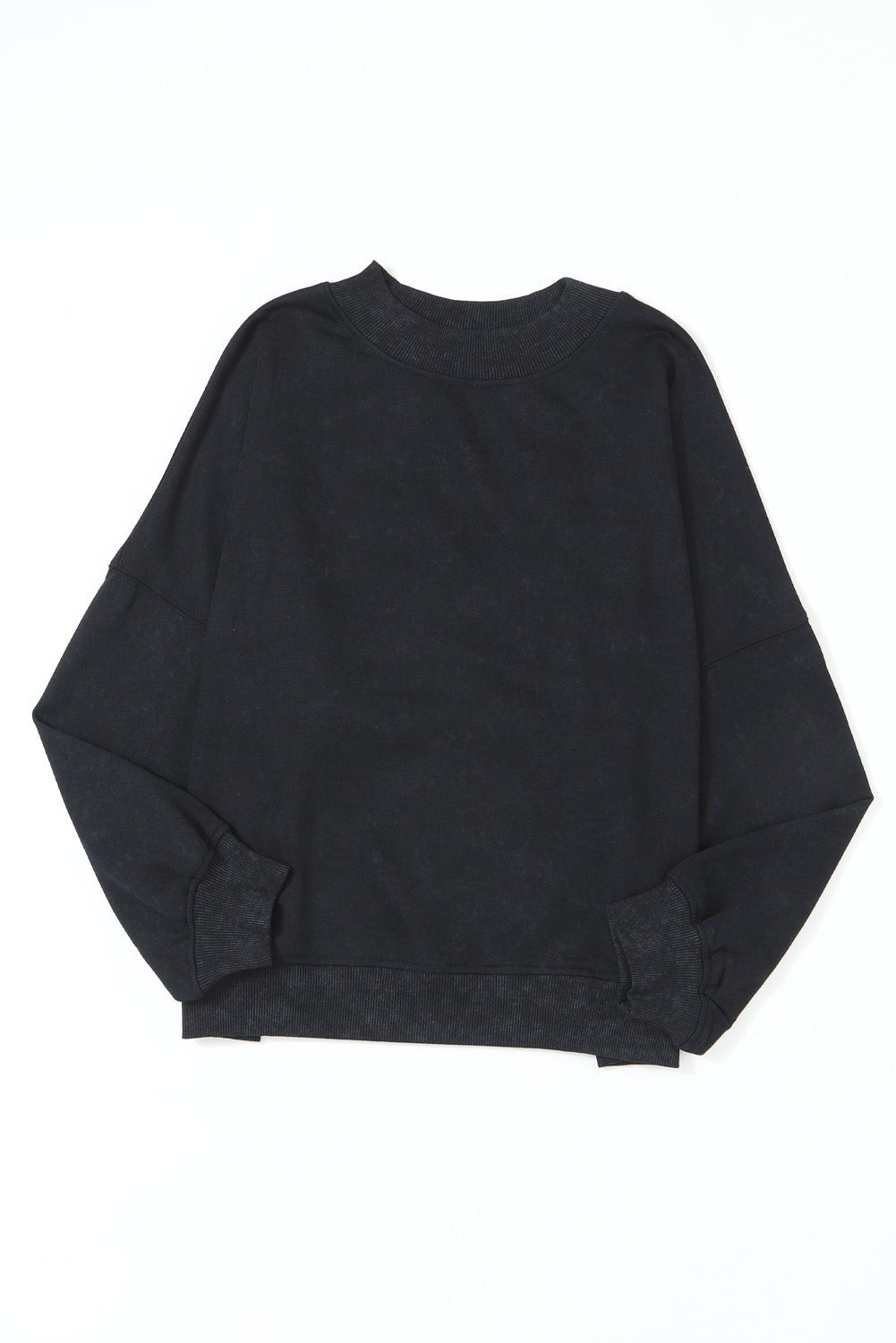 Black Plain Drop Shoulder Crew Neck Pullover Sweatshirt - MAD RUFFI