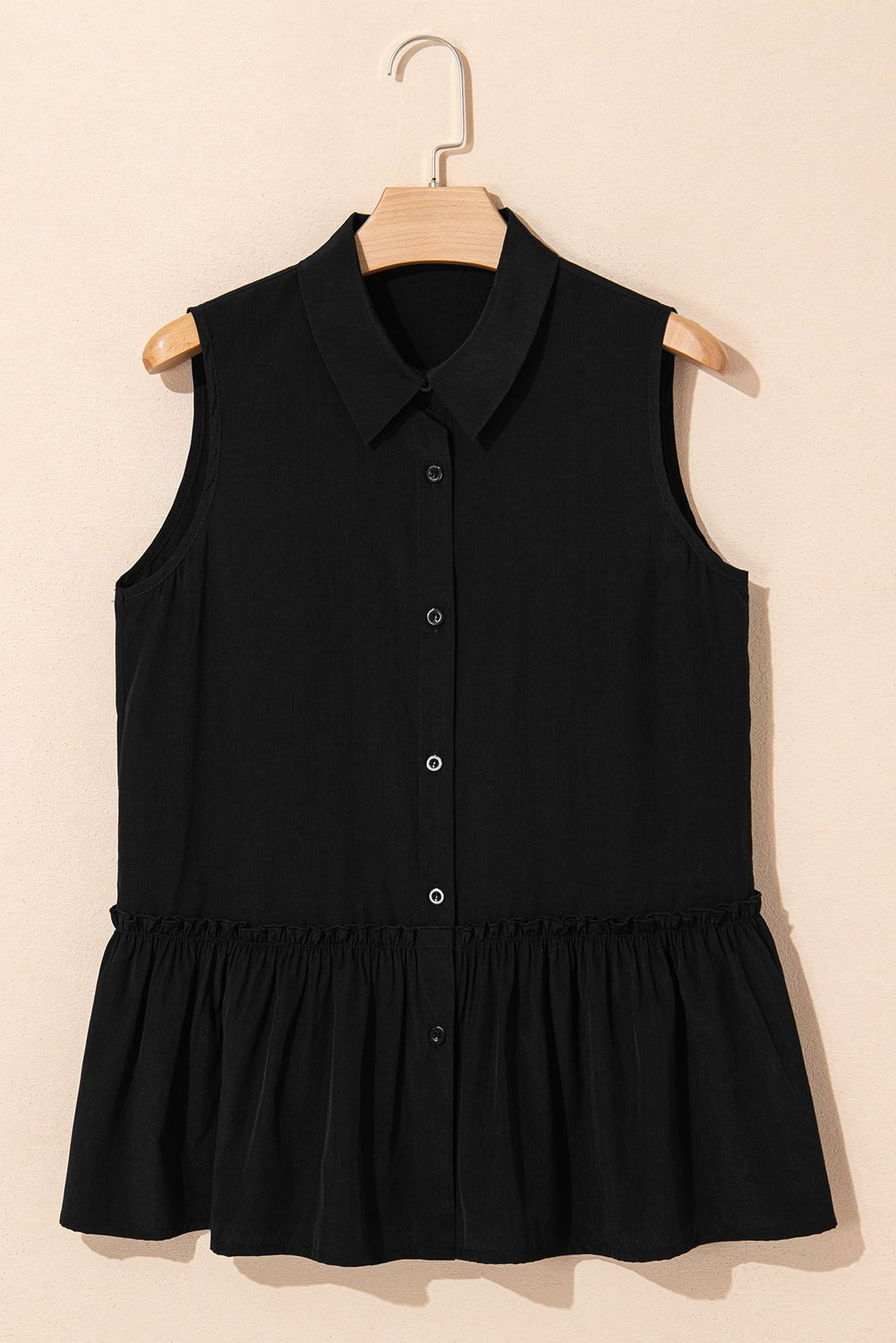 Black Plain Frill Ruffle Hem Sleeveless Shirt - MAD RUFFI