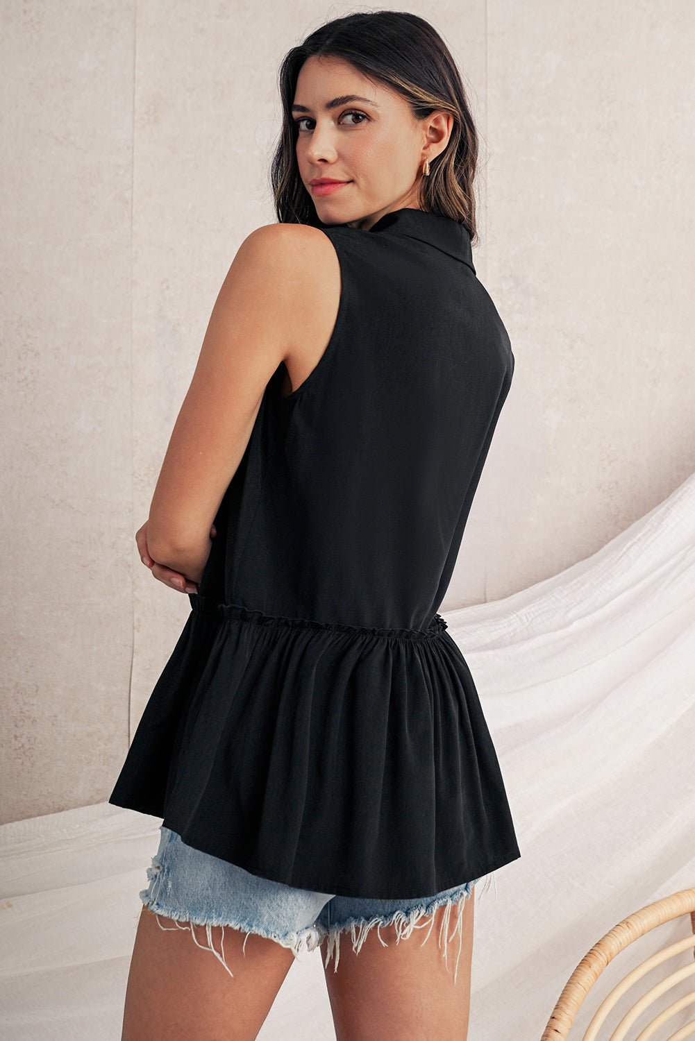 Black Plain Frill Ruffle Hem Sleeveless Shirt - MAD RUFFI