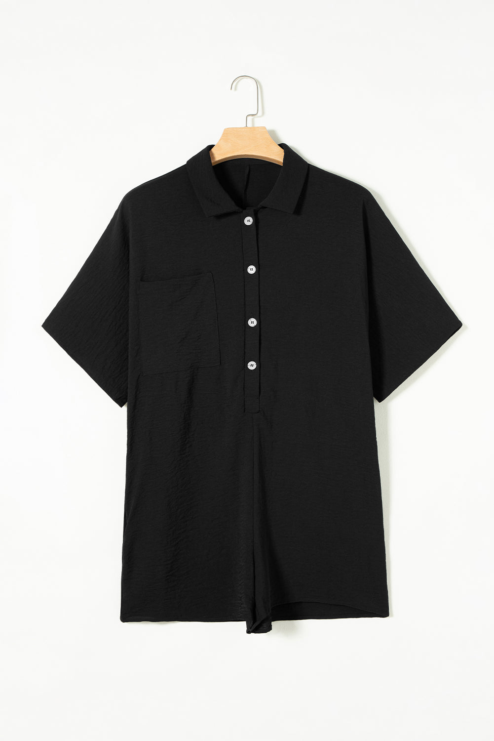 Black Plain Half Button Collared Pocket Loose Romper - MAD RUFFI