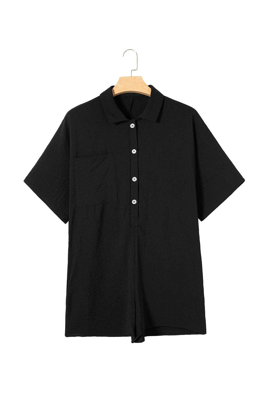 Black Plain Half Button Collared Pocket Loose Romper - MAD RUFFI