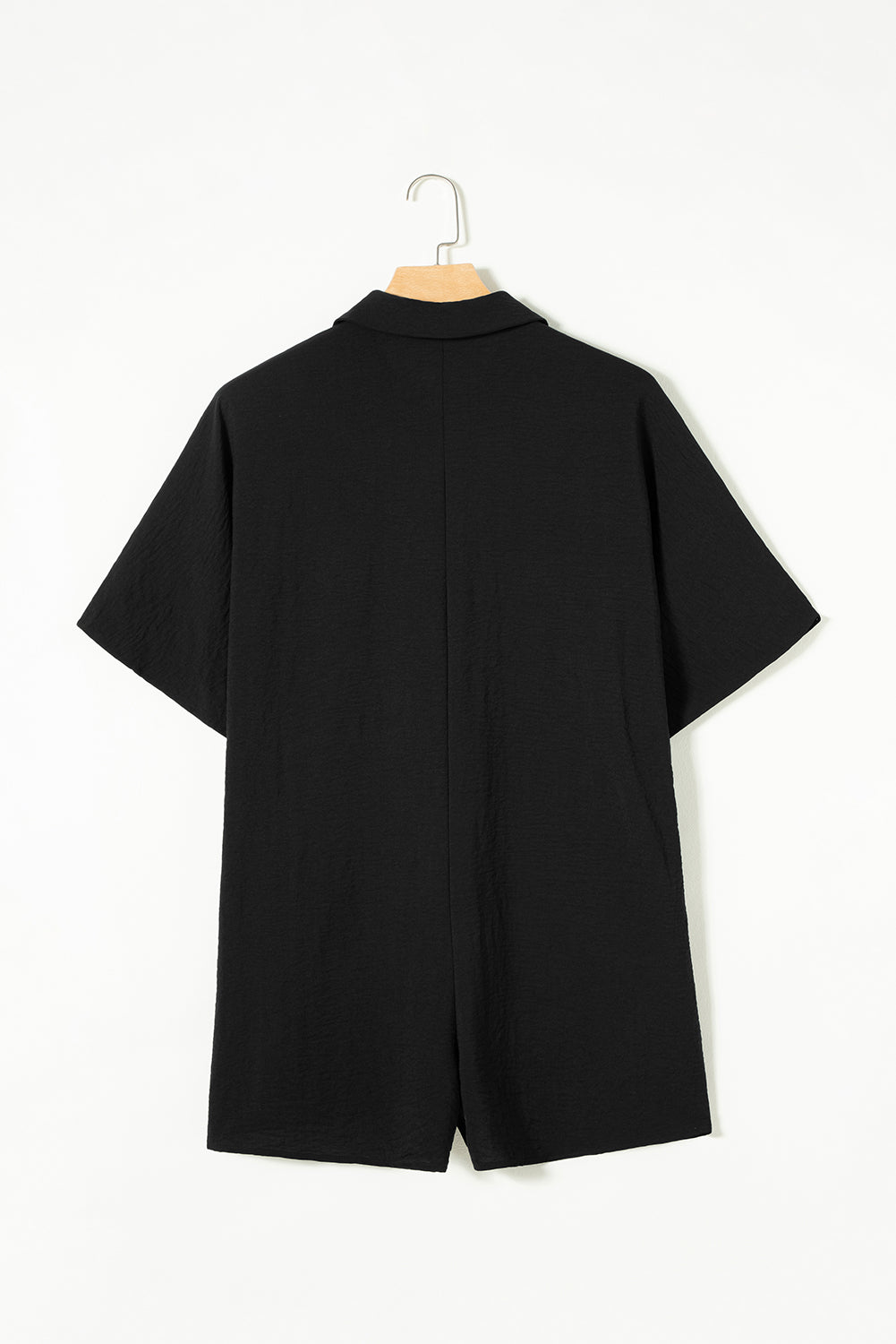 Black Plain Half Button Collared Pocket Loose Romper - MAD RUFFI