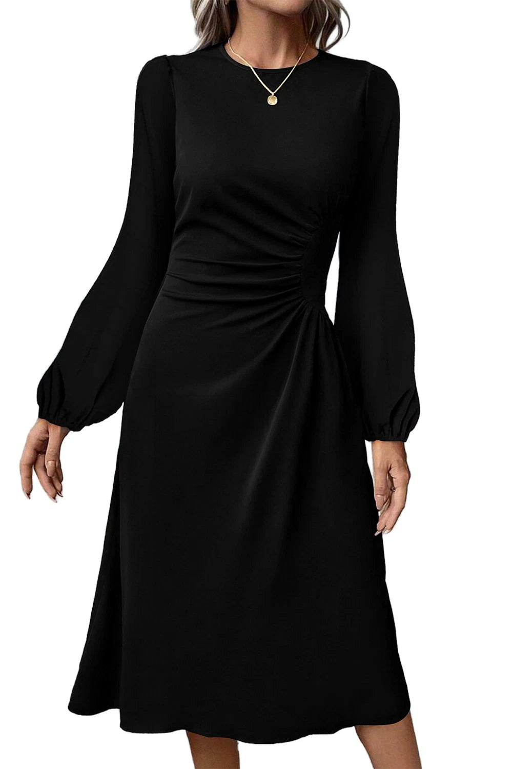 Black Plain Lantern Sleeve Midi Dress - MAD RUFFI