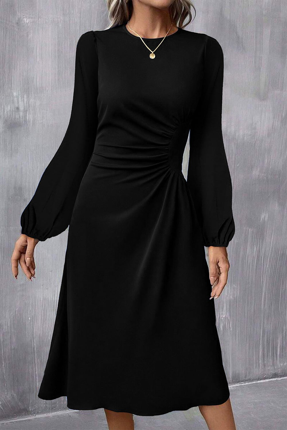 Black Plain Lantern Sleeve Midi Dress - MAD RUFFI