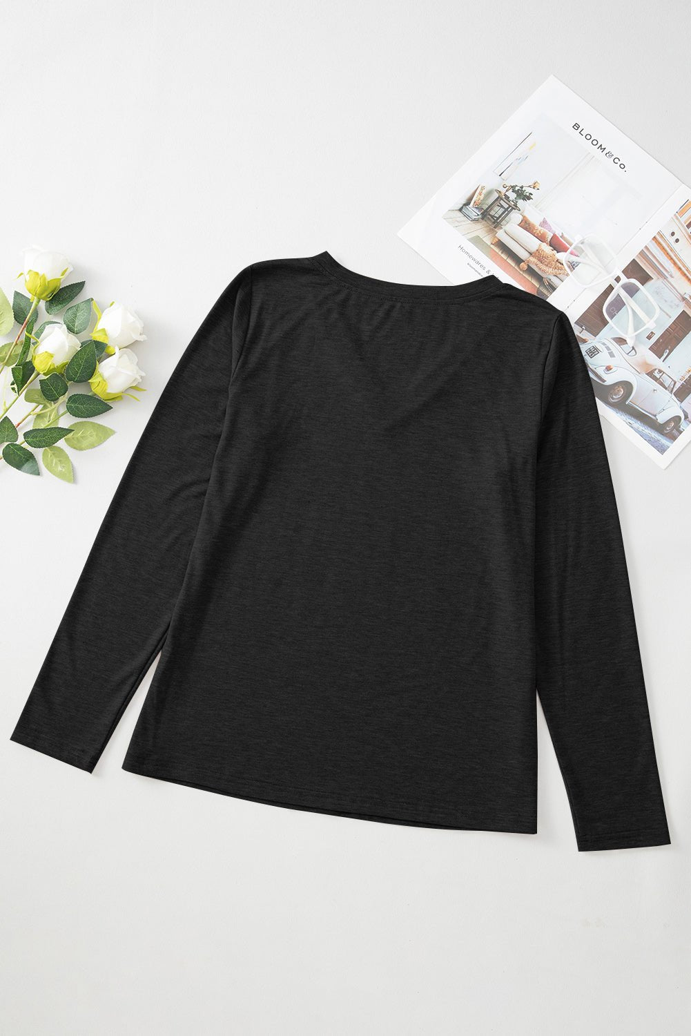 Black Plain V Neck Long Sleeve Top - MAD RUFFI