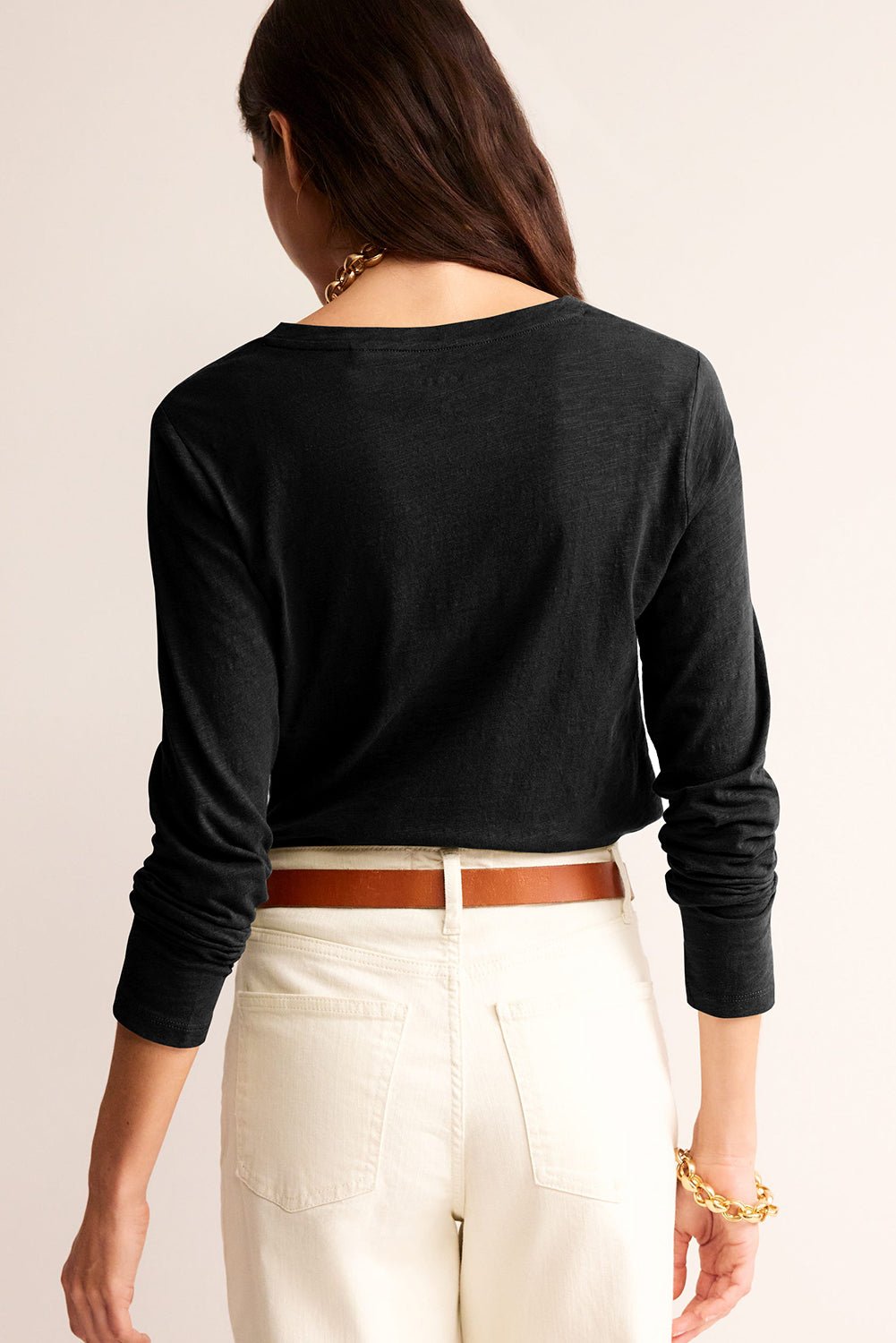 Black Plain V Neck Long Sleeve Top - MAD RUFFI