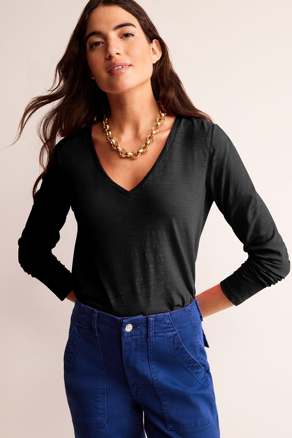 Black Plain V Neck Long Sleeve Top - MAD RUFFI