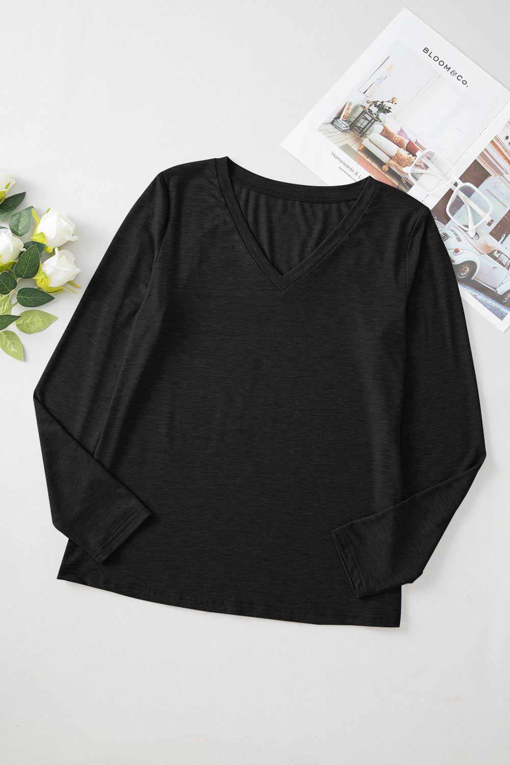 Black Plain V Neck Long Sleeve Top - MAD RUFFI