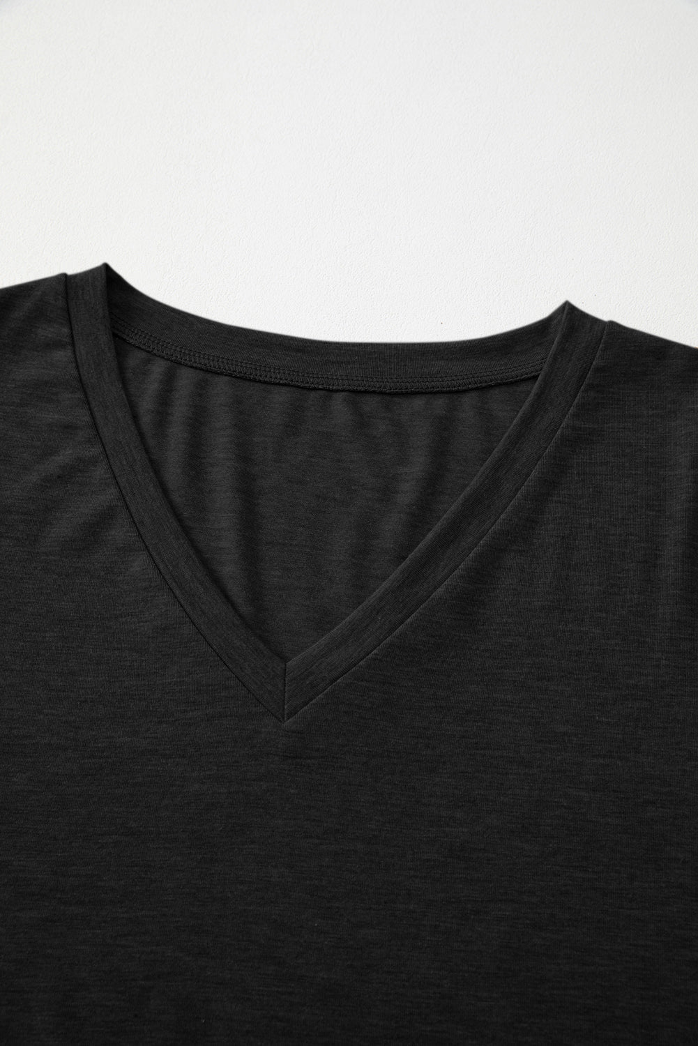 Black Plain V Neck Long Sleeve Top - MAD RUFFI