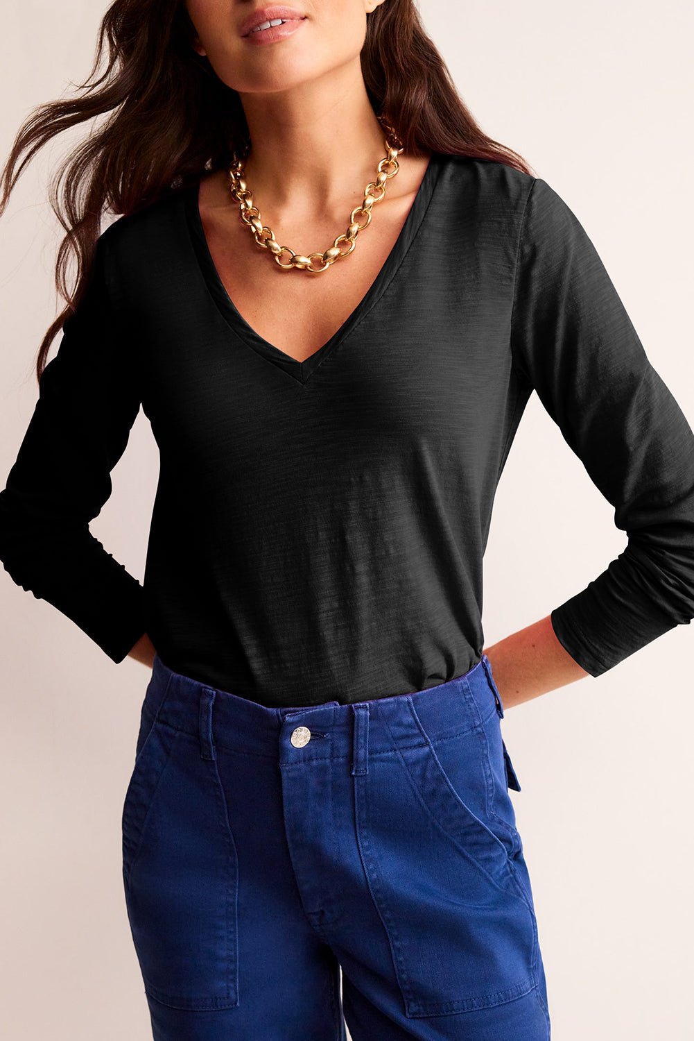 Black Plain V Neck Long Sleeve Top - MAD RUFFI